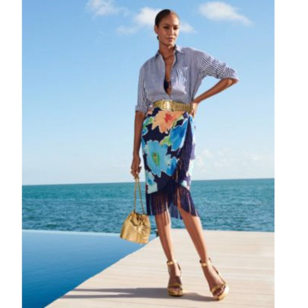 Lauren Ralph Lauren Navy Blue Floral Fringe Faux-Wrap Skirt Tropical Crepe Midi - Picture 2 of 12